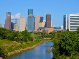 a river with a city in the background